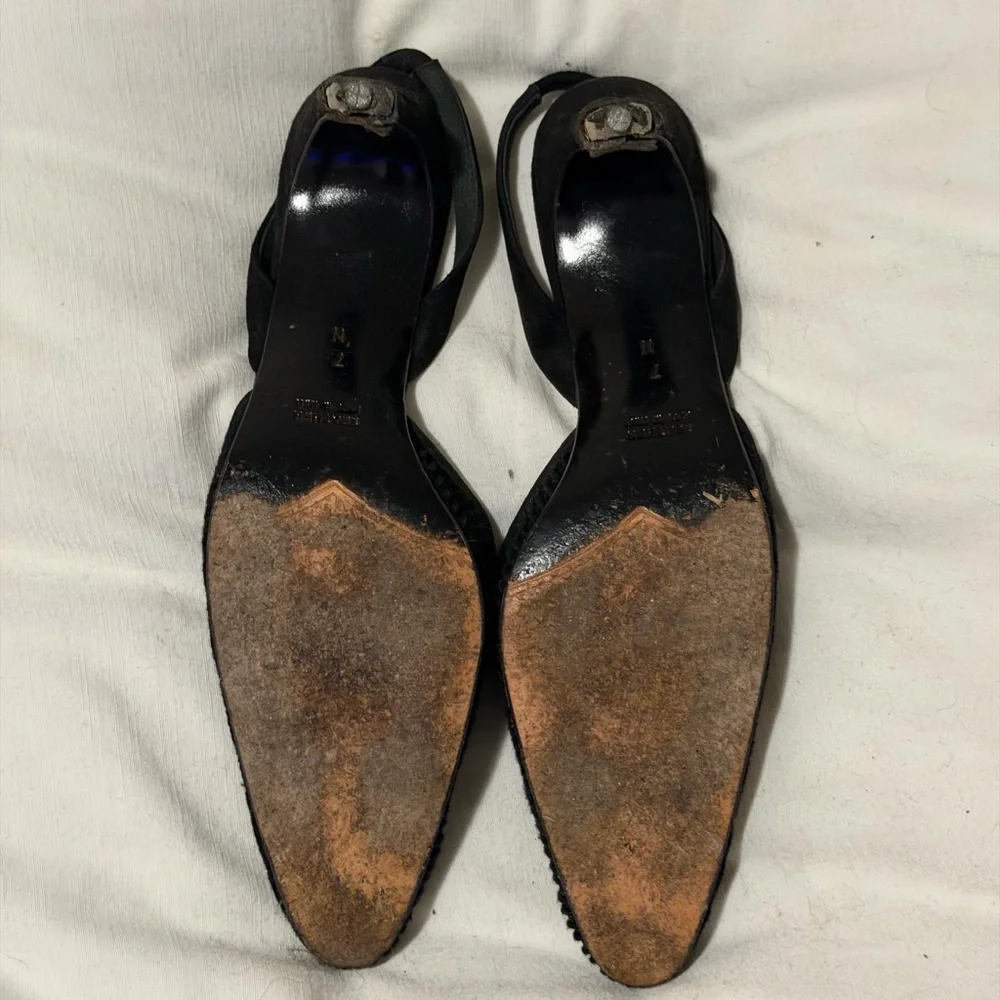 Yves Saint Laurent Black Textured Slingback Pointed Pumps